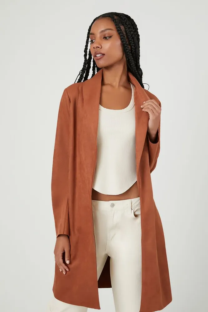 Women's Faux Suede Open-Front Trench Coat in Chestnut, XS