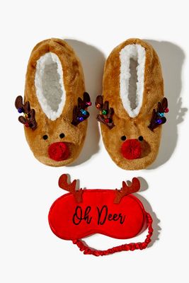 Plush Reindeer Slipper & Sleep Mask Set in Brown, S/M