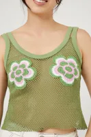 Women's Sheer Netted Flower Tank Top in Green Large