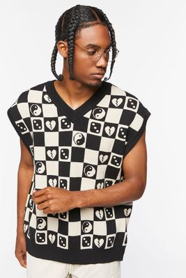Men Checkered Yin Yang Sweater Vest in Black/Taupe Small