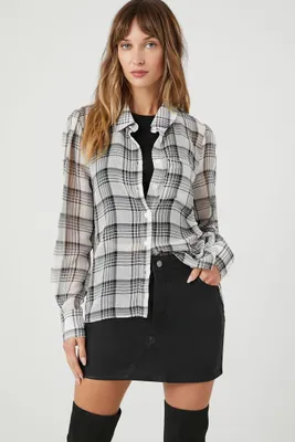 Women's Sheer Chiffon Plaid Shirt in Black/White, XS