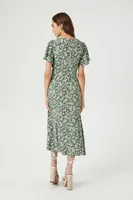 Women's Crepe Floral Print Midi Dress in Olive Small