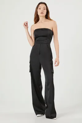 Women's Satin Strapless Cargo Jumpsuit Black