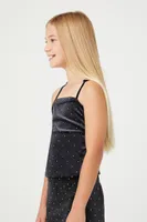 Girls Rhinestone Velour Cami (Kids) in Black, 9/10