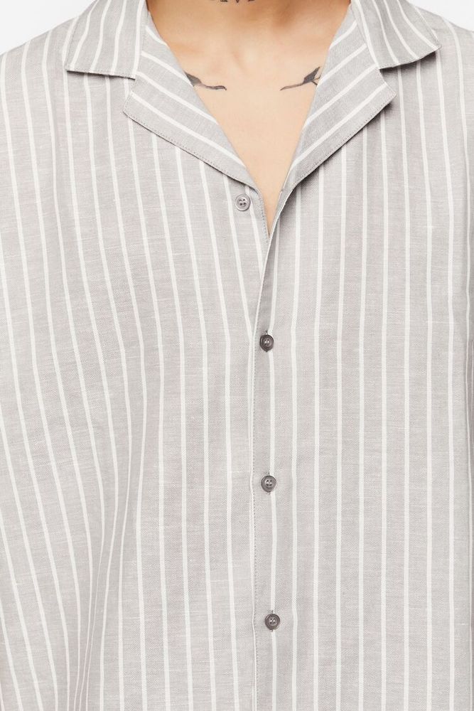 Men Pinstriped Linen-Blend Shirt in Grey/Cream, XXL