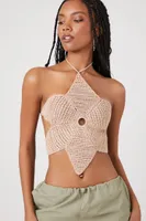 Women's Crochet Floral Halter Top in Tan Small