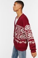 Men Geo Print Cardigan Sweater in Burgundy/Cream Medium