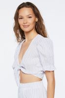 Women's Pinstriped Tie-Front Crop Top in White Small