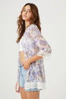 Women's Sheer Floral Print Kimono in Cream Large