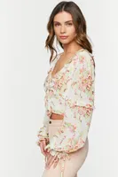 Women's Floral Ruffled Chiffon Crop Top in Cream Small