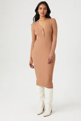Women's Button-Front Midi Sweater Dress in Chestnut Medium