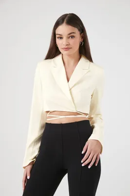 Women's Satin Wraparound Cropped Blazer in Vanilla Medium