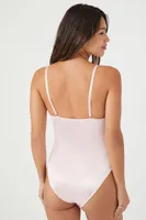 Women's Lace-Trim Satin Lingerie Bodysuit in Gossamer Pink Small