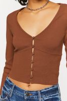 Women's V-Neck Button-Front Crop Top in Chocolate Medium