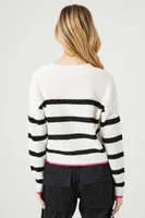 Women's Striped High-Low Cropped Sweater in Black Large