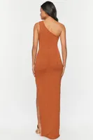 Women's Ribbed One-Shoulder Maxi Dress in Rust Medium