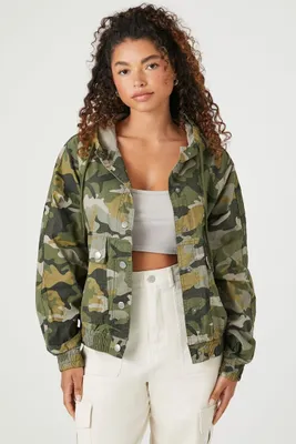 Women's Twill Camo Print Hooded Jacket in Green Small