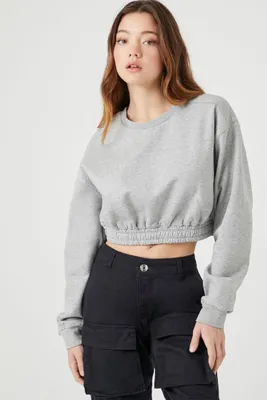 Women's Cropped Fleece Crew Pullover in Heather Grey Small