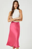 Women's Picot-Trim Satin Midi Skirt in Hot Pink Large