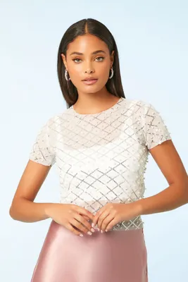 Women's Mesh Faux Pearl & Sequin Crop Top in Grey Small