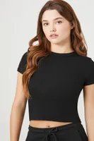 Women's Cropped Rib-Knit T-Shirt in Black Large