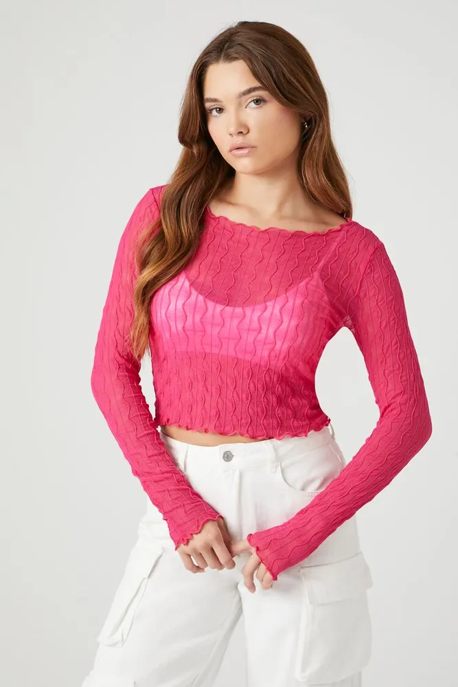 Women's Sheer Wavy Crop Top in Pink/Light Pink Medium