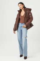 Women's Faux Leather Zip-Up Puffer Jacket