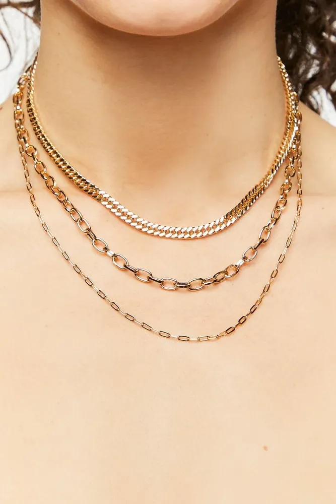 Women's Curb & Anchor Chain Layered Necklace in Gold