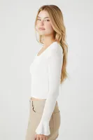 Women's Cropped Trumpet-Sleeve Sweater in Vanilla Large