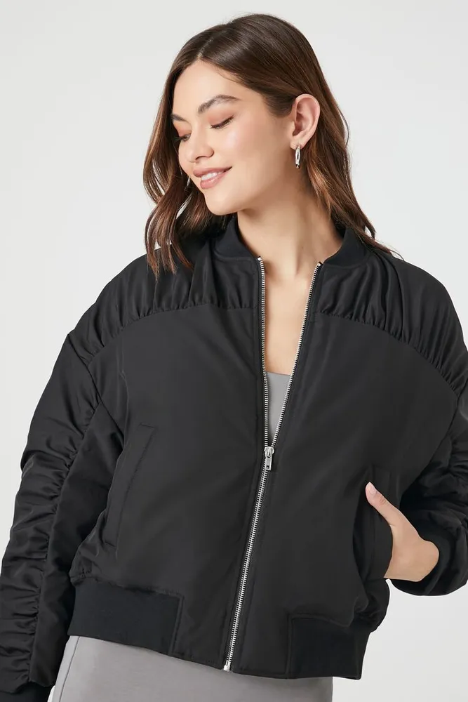 Women's Ruched Bomber Jacket Black