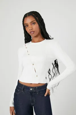 Women's Ribbed Knit Button Sweater in White, XS