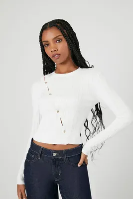 Women's Ribbed Knit Button Sweater in White, XL