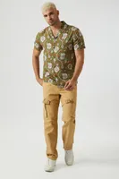 Men Ornate Floral Print Shirt in Olive Large