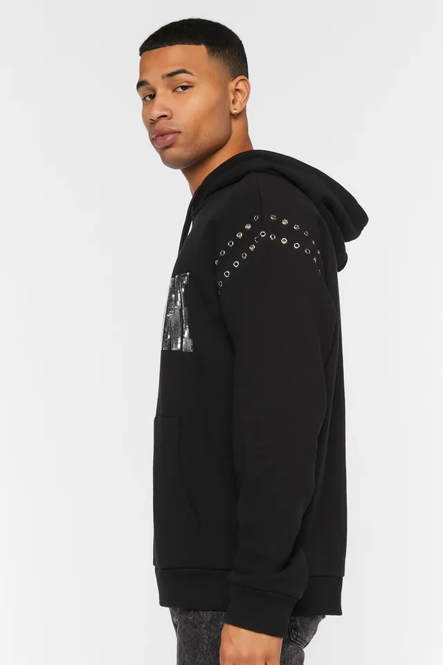 21men Forever 21 Men's Xavier Graphic Drawstring Hoodie Sweatshirt in Black, XXL | F21