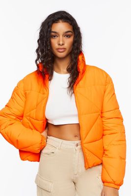 Women's Funnel Neck Puffer Jacket in Orange Large