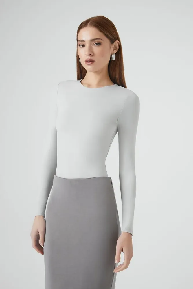 Women's Fitted Long-Sleeve Bodysuit in Light Grey Small