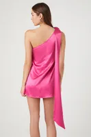 Women's Satin Rosette One-Shoulder Mini Dress in Fuchsia Large