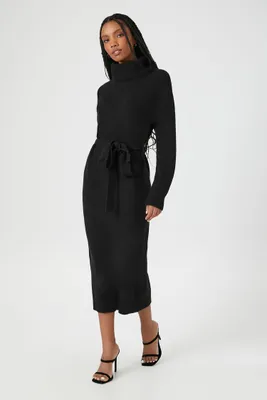 Women's Tie-Waist Turtleneck Sweater Midi Dress in Black, XL