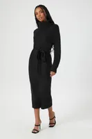 Women's Tie-Waist Turtleneck Sweater Midi Dress in Black Large