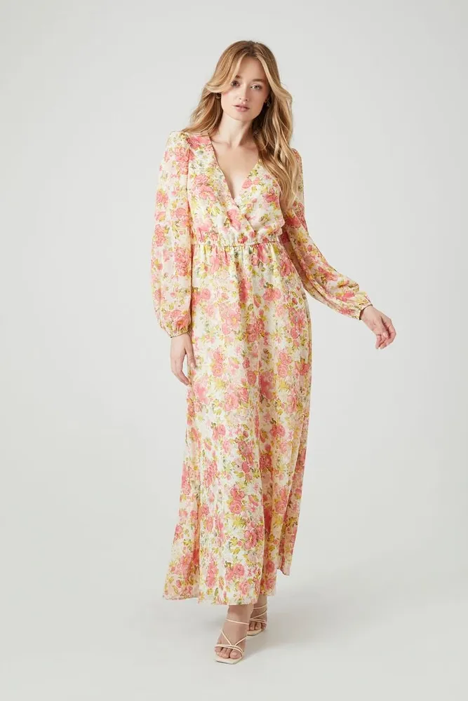 Women's Floral Print Chiffon Maxi Dress in Ivory/Pink Small