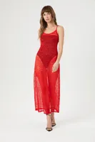 Women's Sheer Lace Maxi Slip Dress in Red Large