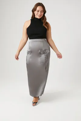 Women's Satin Utility Cargo Skirt in Dark Grey, 1X