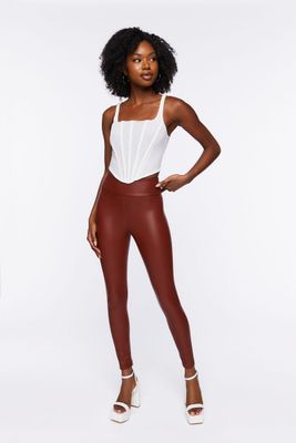 Women's Faux Leather High-Rise Leggings in Espresso Large