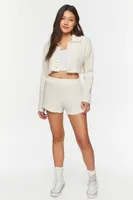 Women's Cropped Waffle Knit Shirt & Shorts Set in Cream Small