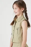 Girls Sleeveless Utility Shirt (Kids) in Olive, 9/10