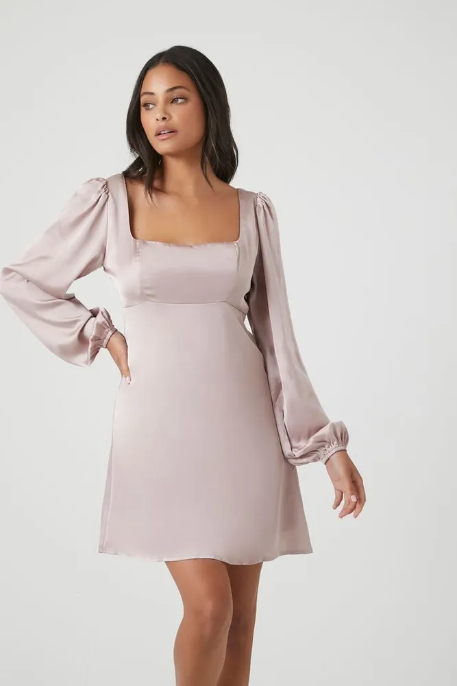 Women's Satin Mini Babydoll Dress in Taupe Small