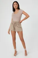 Women's Drawstring Paperbag Shorts in Taupe, XL