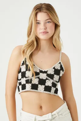Women's Checkered Sweater-Knit Cropped Cami in Black/White, XL