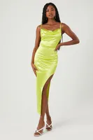 Women's Satin Asymmetrical Maxi Dress in Green Banana, XL