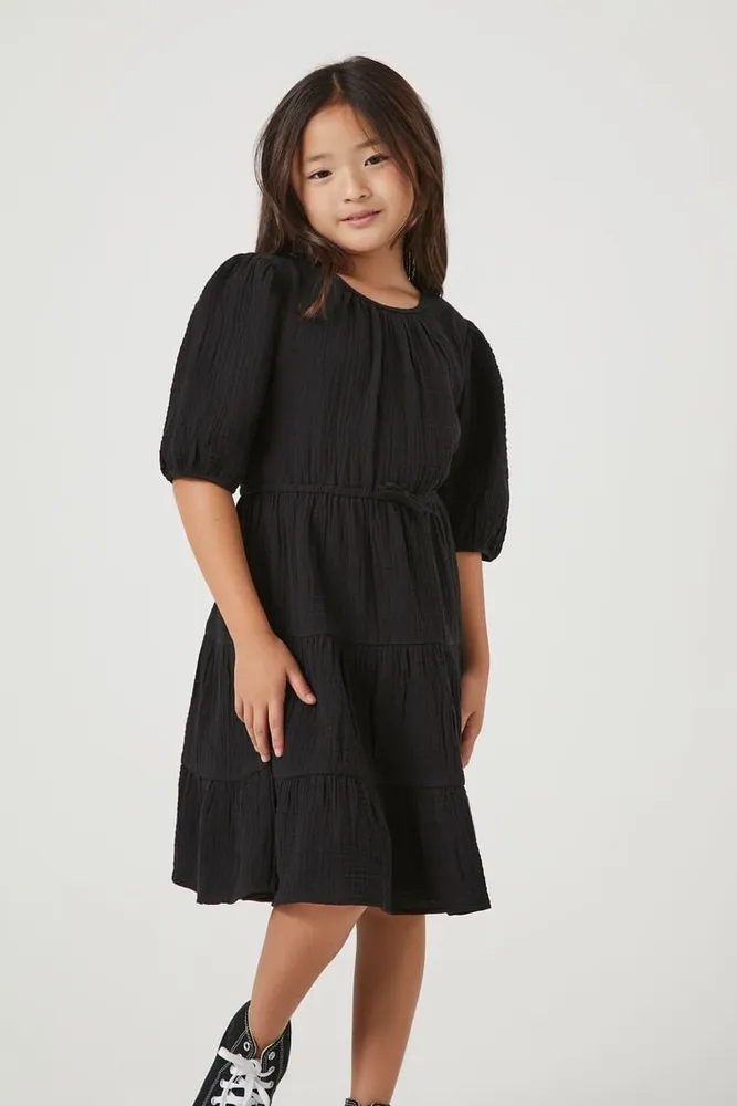 Girls Tiered Puff-Sleeve Dress (Kids) Black,